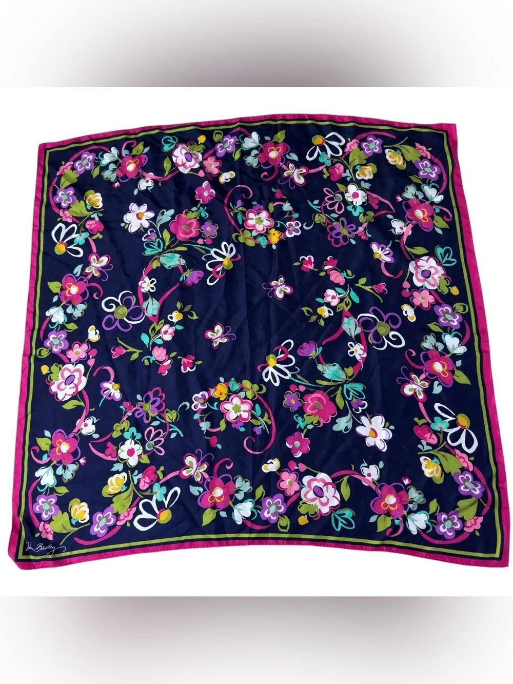 Vera Bradley Large Square Floral Scarf Navy Pink 33” Vivid Print